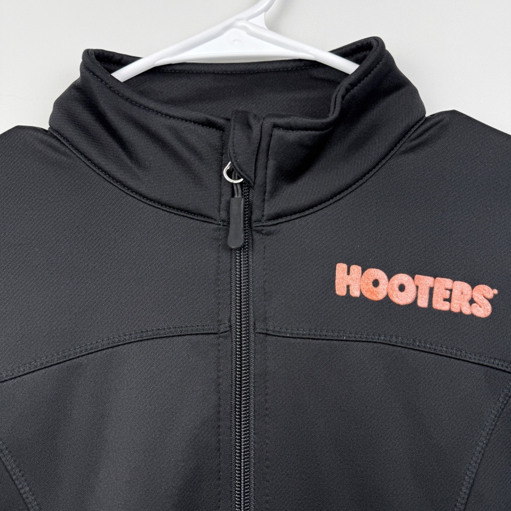 Hooters Jacket Womens XS Black Owl Logo Full Zip Thumb Holes Mock Neck Employee‎